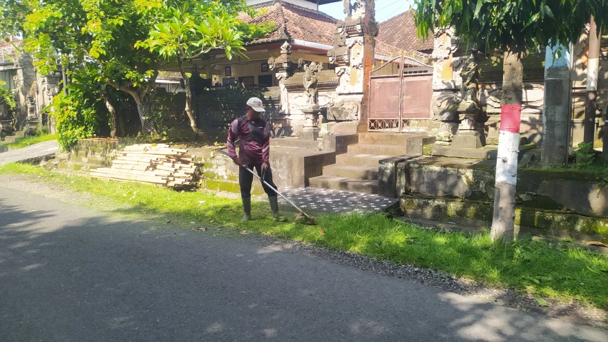 Kegiatan Rutin Pemotongan Rumput di Jalan Utama Desa Penarukan